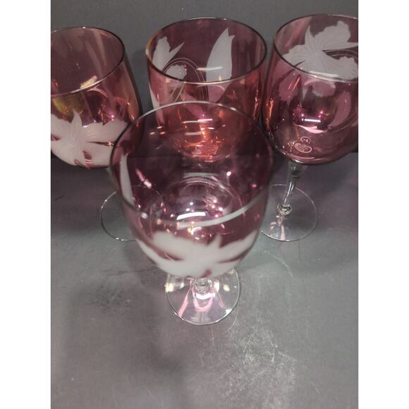 Cranberry Red Wine‎ Glasses, White Etched Flowers, Set Of 4, 7.75" H, Elegant - Picture 5 of 9
